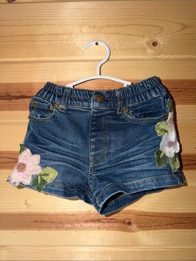 Kids Denim Shorts with Pink & White Floral Embroidery